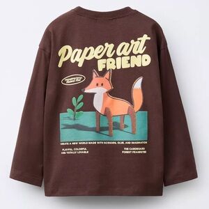 Zara Brown Long Sleeve Tee with Fox Graphic